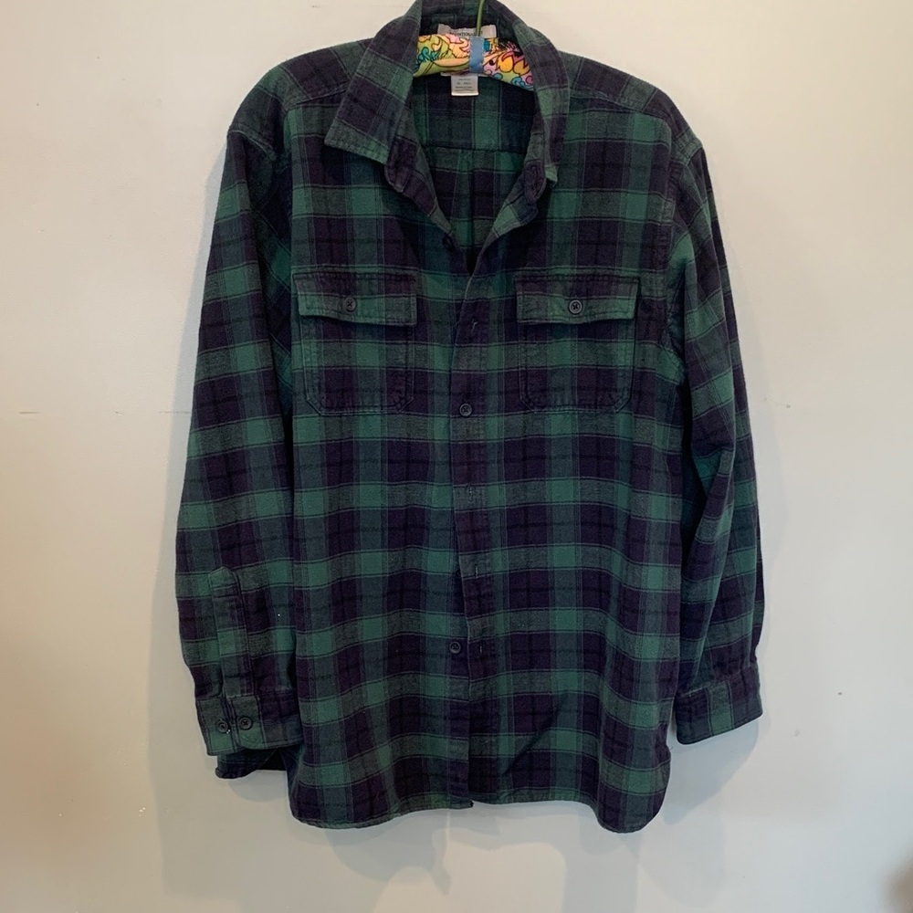 Vintage L.L. Bean Men’s XL Green and Blue Plaid Chamois Cloth Flannel Shirt
